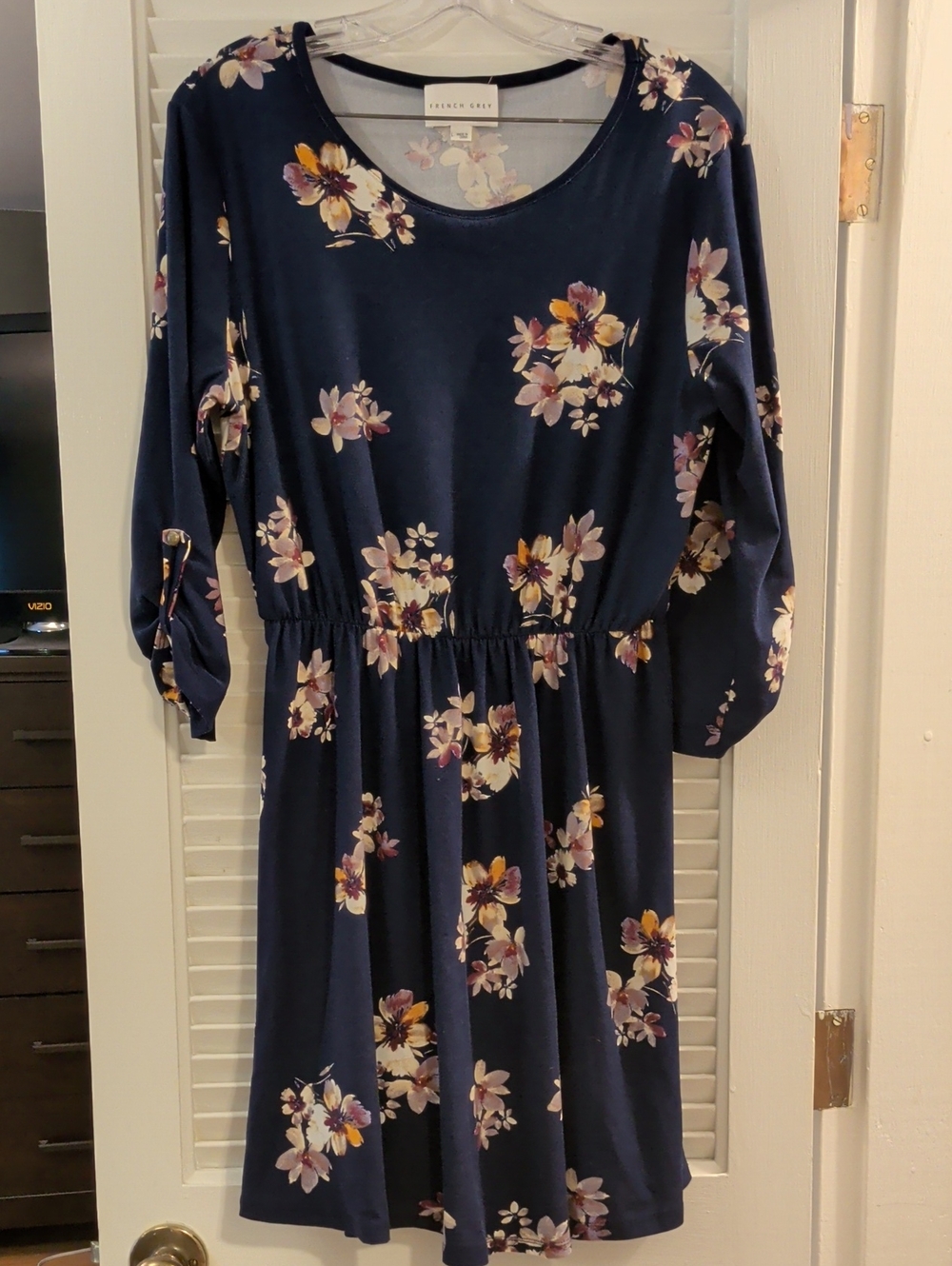 French Grey Navy Floral Long Sleeve Elastic Waist Dress with Purple Flowers